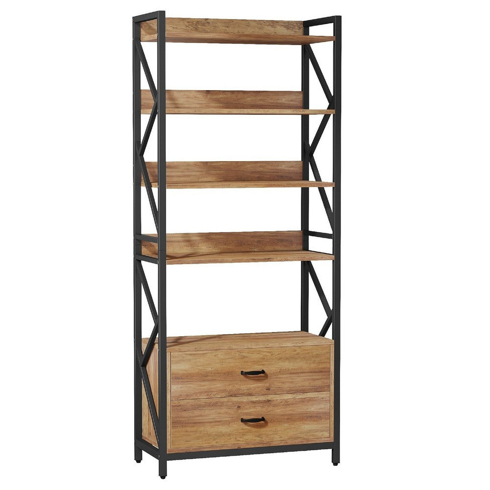 5 Tier Bookshelf w 2 Drawers, 71 Inch Vintage Brown, Black Metal Frame -BM336919