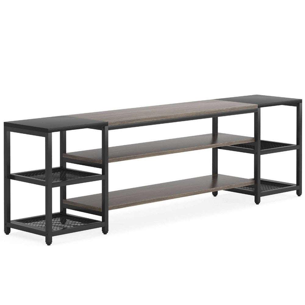 TV Media Entertainment Stand, Mesh Shelves, 79 Inch Rustic Brown Black -BM336929