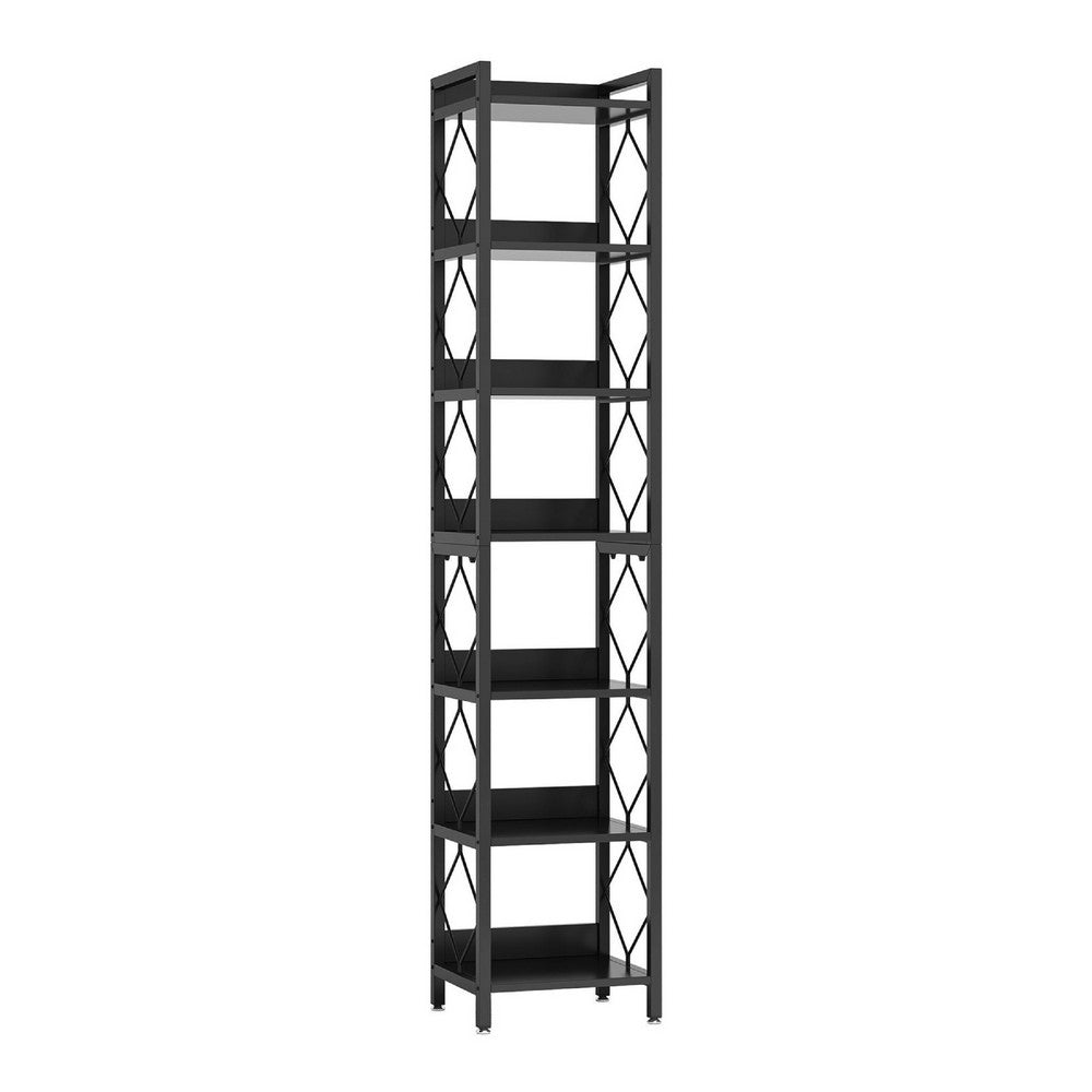 Nety 7 Tier Corner Display Shelf, 79 Inch Tall, Diamond Pattern, Black -BM336950