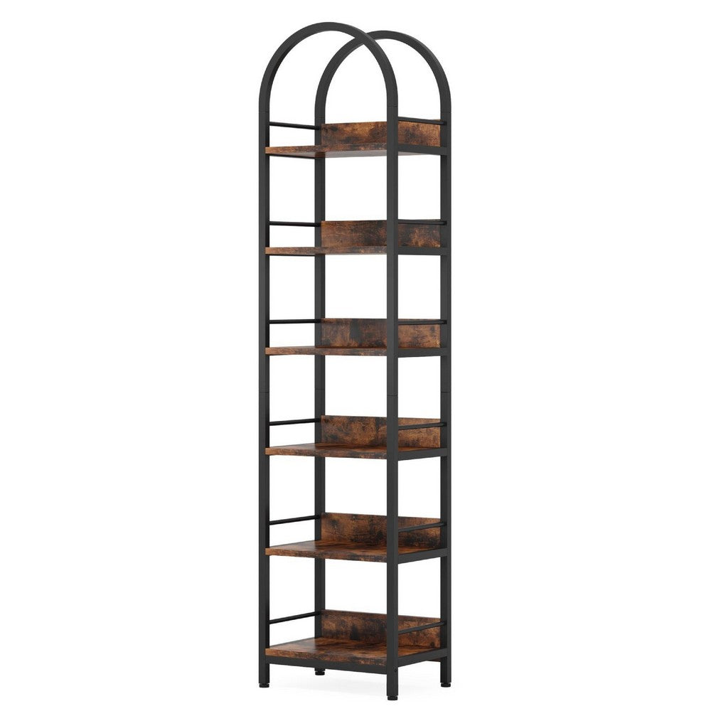 Meo Slim 79 Inch Bookshelf, Arched Black Metal, 6 Brown Wood Shelves -BM336974