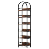 Meo Slim 79 Inch Bookshelf, Arched Black Metal, 6 Brown Wood Shelves -BM336974