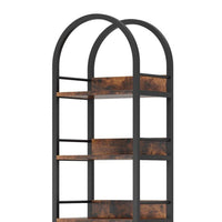 Meo Slim 79 Inch Bookshelf, Arched Black Metal, 6 Brown Wood Shelves -BM336974