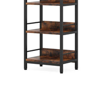 Meo Slim 79 Inch Bookshelf, Arched Black Metal, 6 Brown Wood Shelves -BM336974