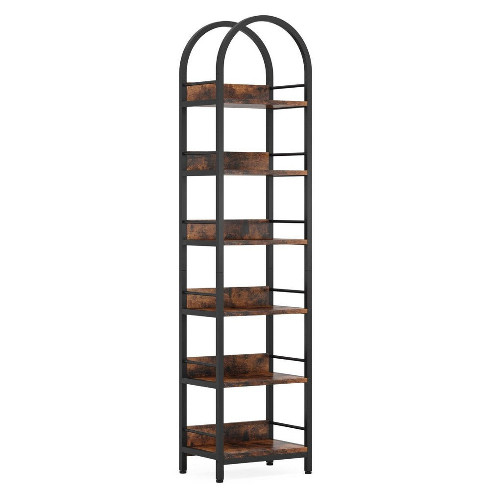 Meo Slim 79 Inch Bookshelf, Arched Black Metal, 6 Brown Wood Shelves -BM336974