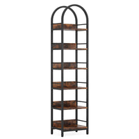 Meo Slim 79 Inch Bookshelf, Arched Black Metal, 6 Brown Wood Shelves -BM336974