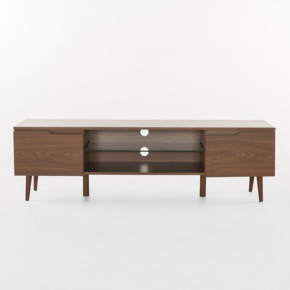 Gavin 59 Inch TV Stand Cabinet, Low Height w Glass Shelf, Brown Wood -BM337081