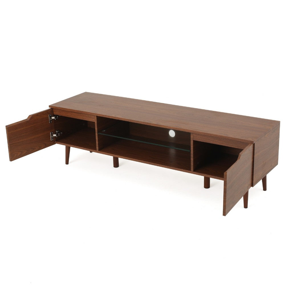 Gavin 59 Inch TV Stand Cabinet, Low Height w Glass Shelf, Brown Wood -BM337081