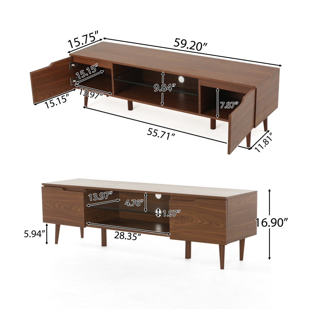 Gavin 59 Inch TV Stand Cabinet, Low Height w Glass Shelf, Brown Wood -BM337081