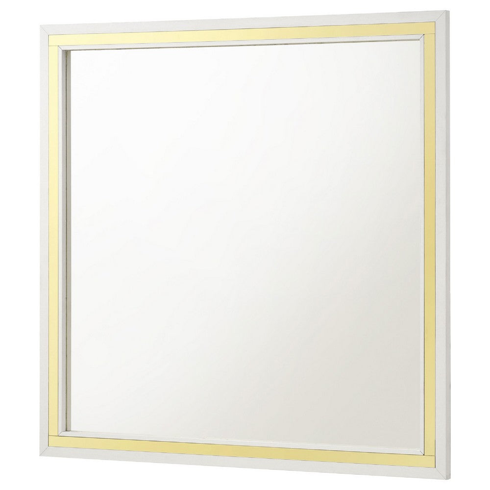 Jenny Square Dresser Mirror, Polished Golden Trim, White Wood-Melamine - BM338144