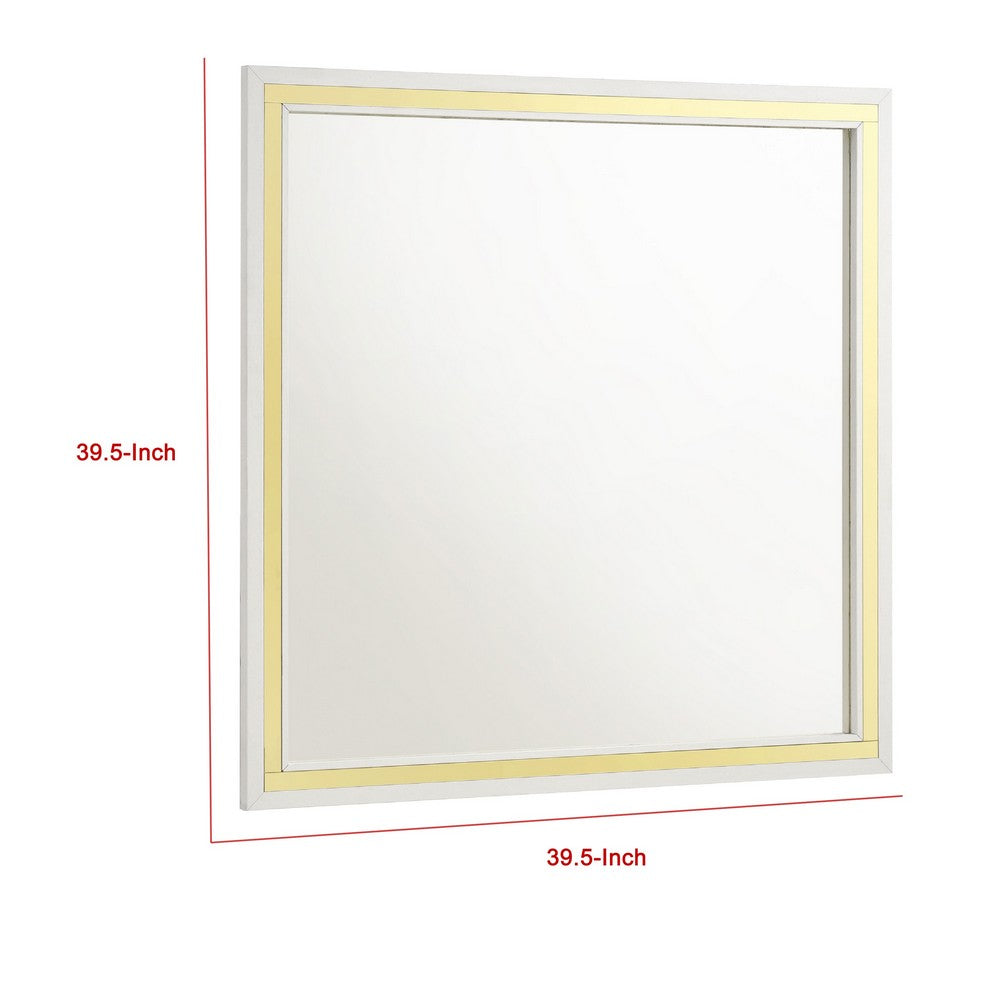 Jenny Square Dresser Mirror, Polished Golden Trim, White Wood-Melamine - BM338144