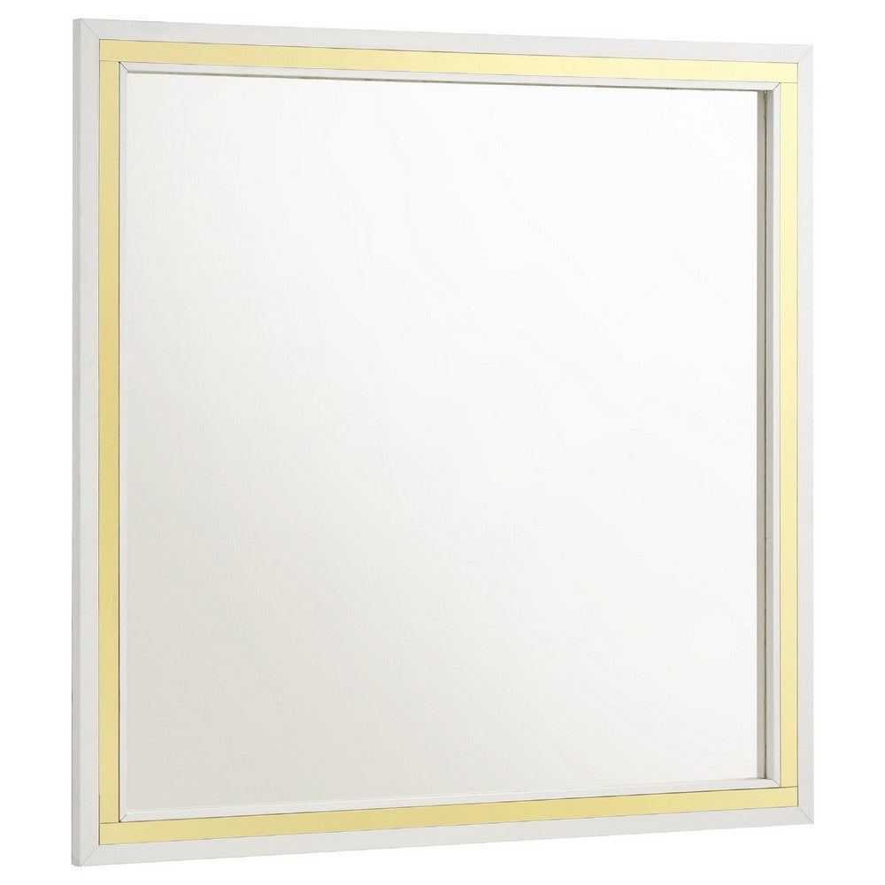 Jenny Square Dresser Mirror, Polished Golden Trim, White Wood-Melamine - BM338144