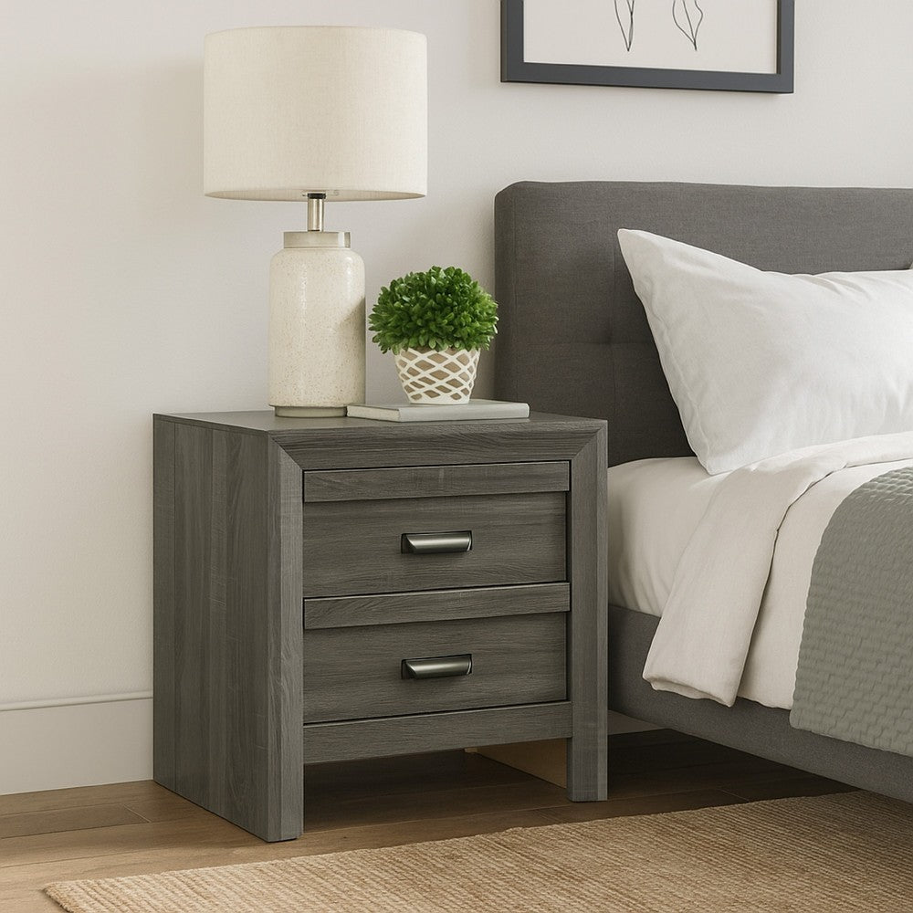 Velz Nightstand, 2 Drawers, Metal Finger Pull Handles, Dark Gray Wood - BM338480