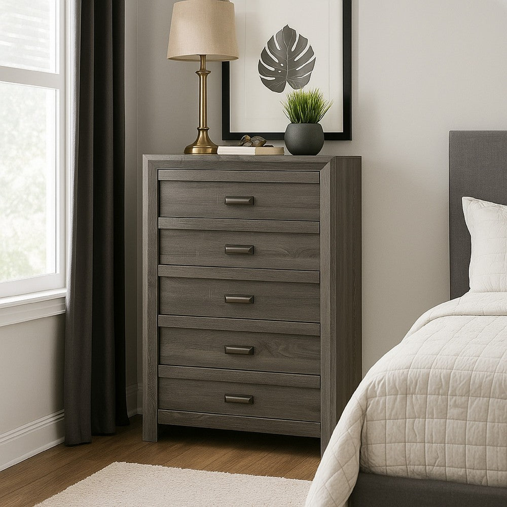 Velz Tall Dresser Chest, 5 Drawers, Finger Pull Handles, Dark Gray Wood - BM338481