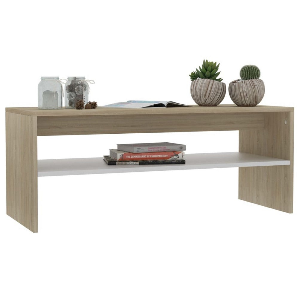 39 Inch Coffee Table w Shelf, Rectangular, Oak Beige and White Wood - BM339648