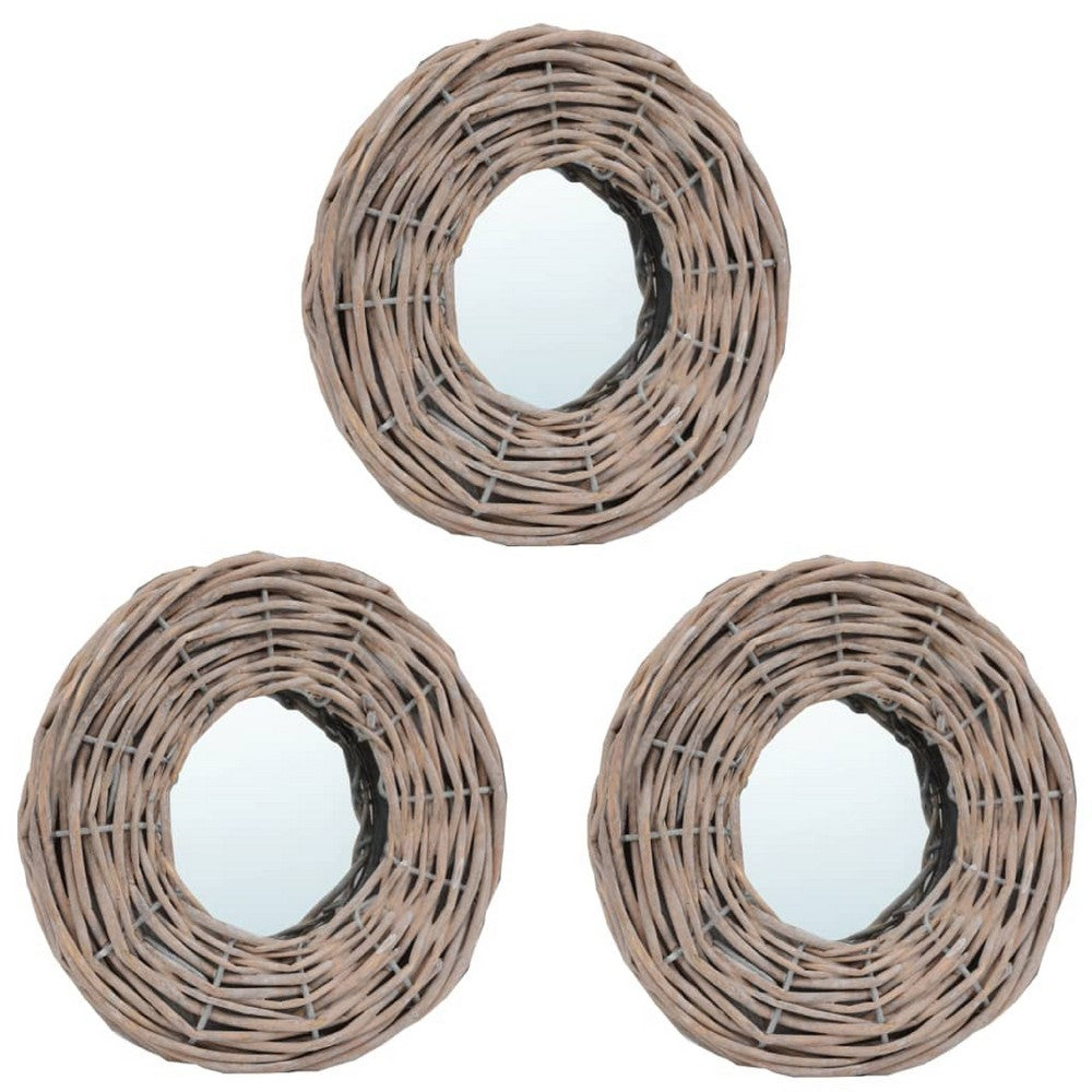 3pc Decorative Wall Mounted Mirror Set, Rattan Wicker Woven Frame in Beige - BM339671