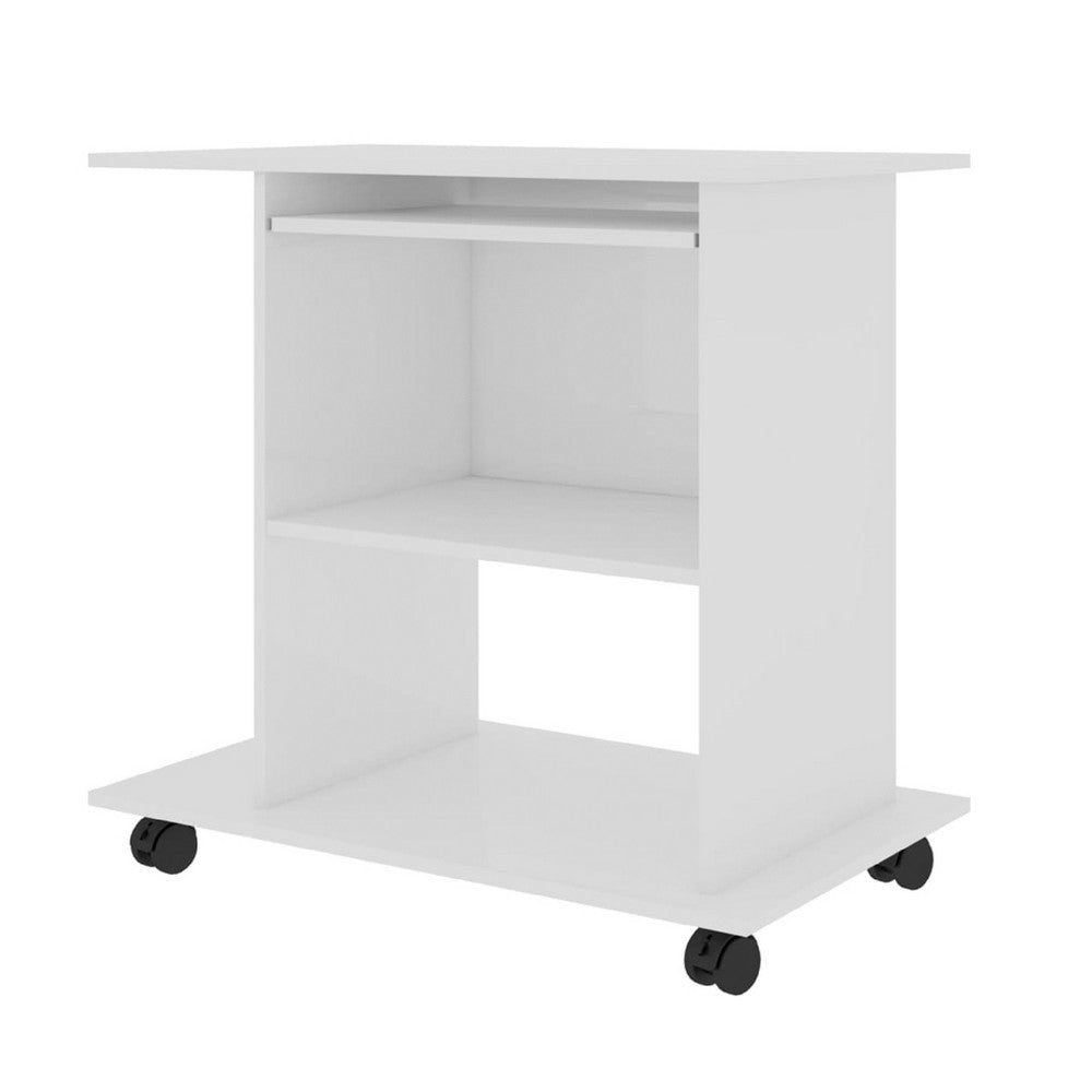 Gulo Computer Desk, Gloss White Wood, 2 Shelves, Keyboard Tray, 32 Inch - BM340451