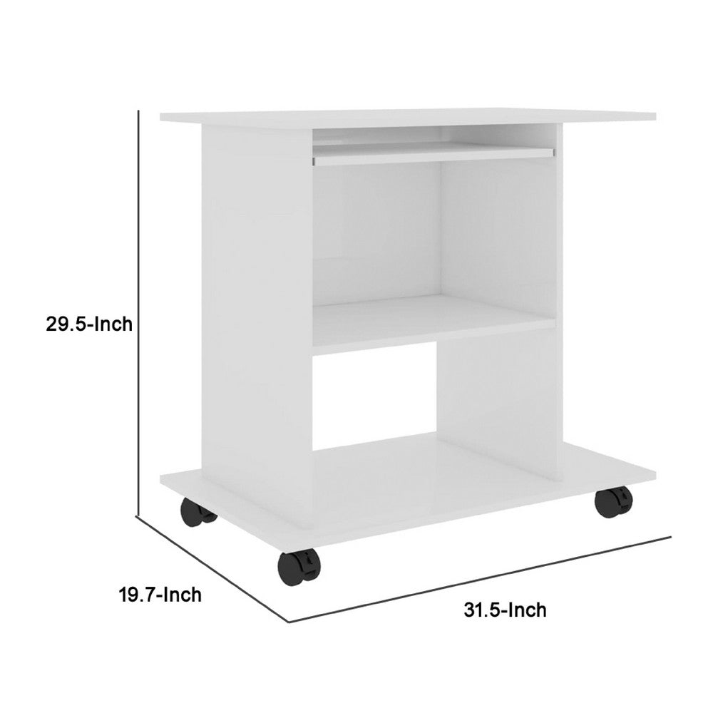 Gulo Computer Desk, Gloss White Wood, 2 Shelves, Keyboard Tray, 32 Inch - BM340451