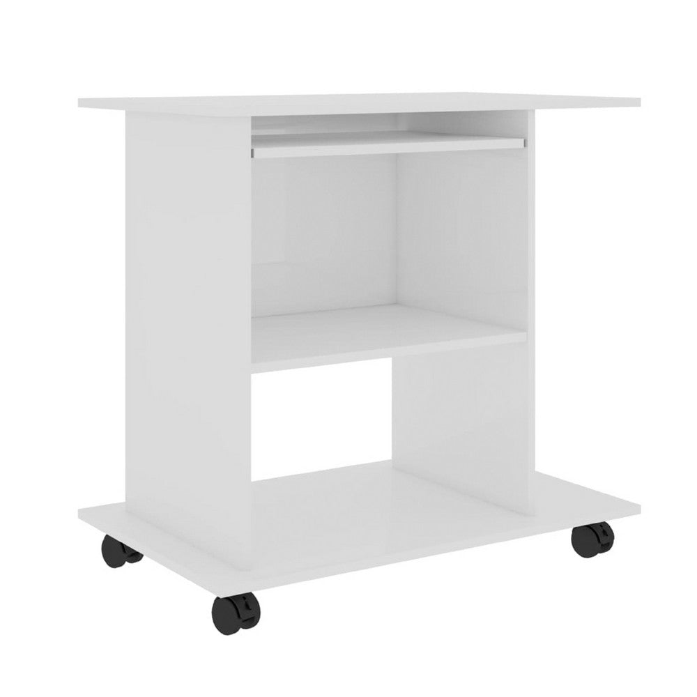 Gulo Computer Desk, Gloss White Wood, 2 Shelves, Keyboard Tray, 32 Inch - BM340451