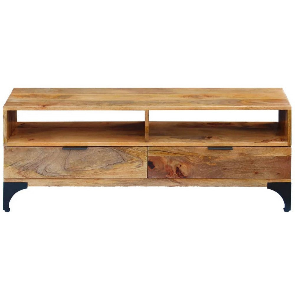 TV Stand, Brown Mango Wood, 2 Shelves and 2 Drawers, 47 Inch - BM340458