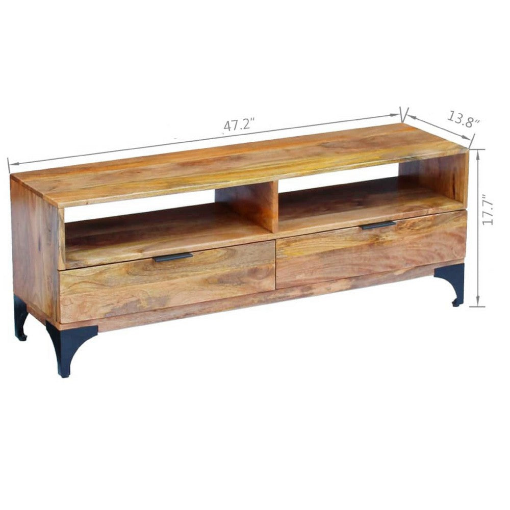 TV Stand, Brown Mango Wood, 2 Shelves and 2 Drawers, 47 Inch - BM340458