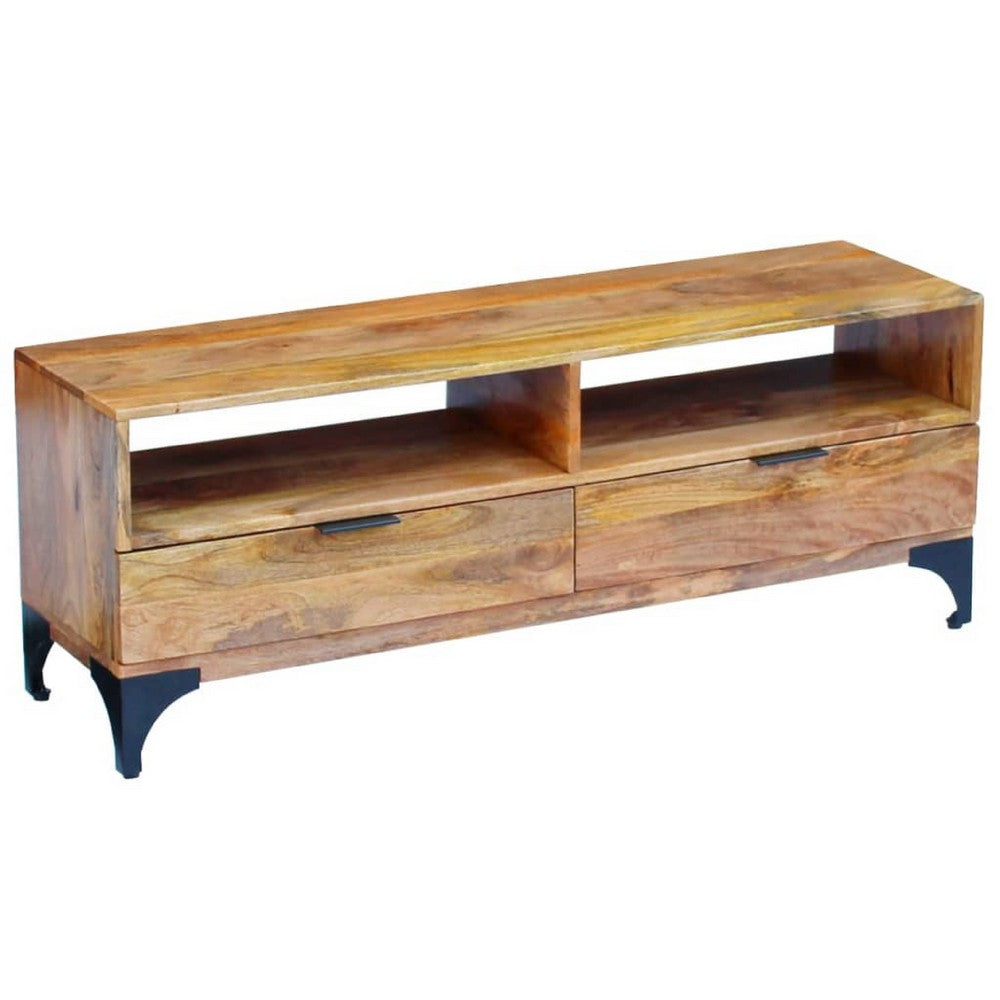 TV Stand, Brown Mango Wood, 2 Shelves and 2 Drawers, 47 Inch - BM340458