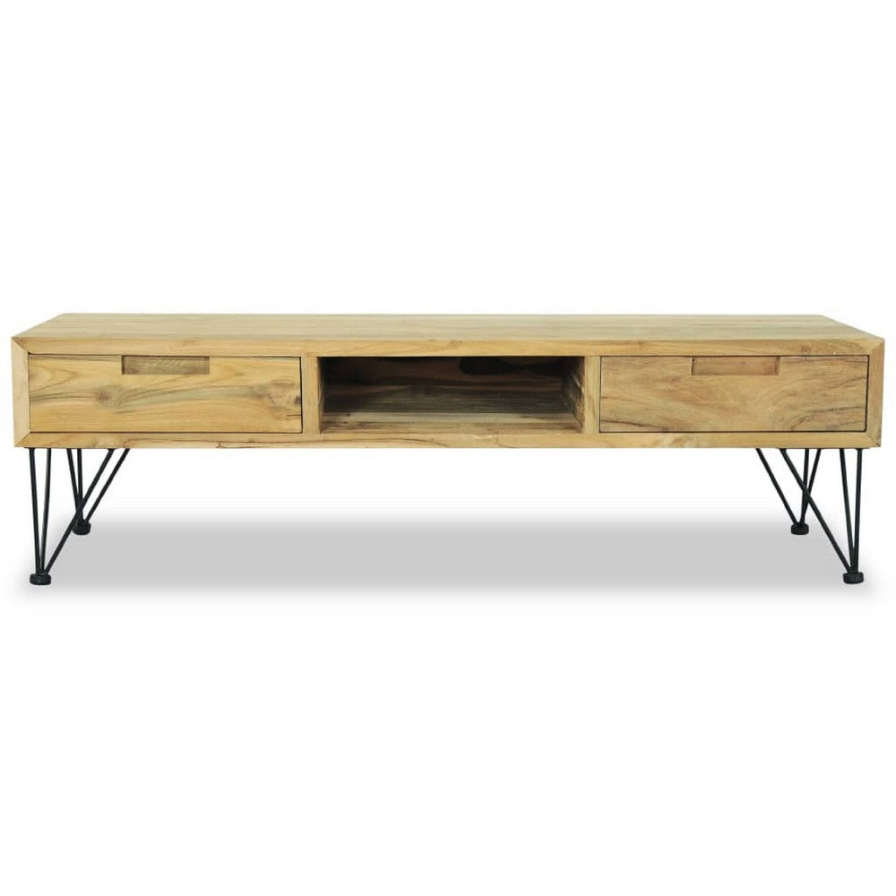 TV Stand Media Cabinet, Natural Teak Wood and Wrought Iron, 47 Inch - BM340485