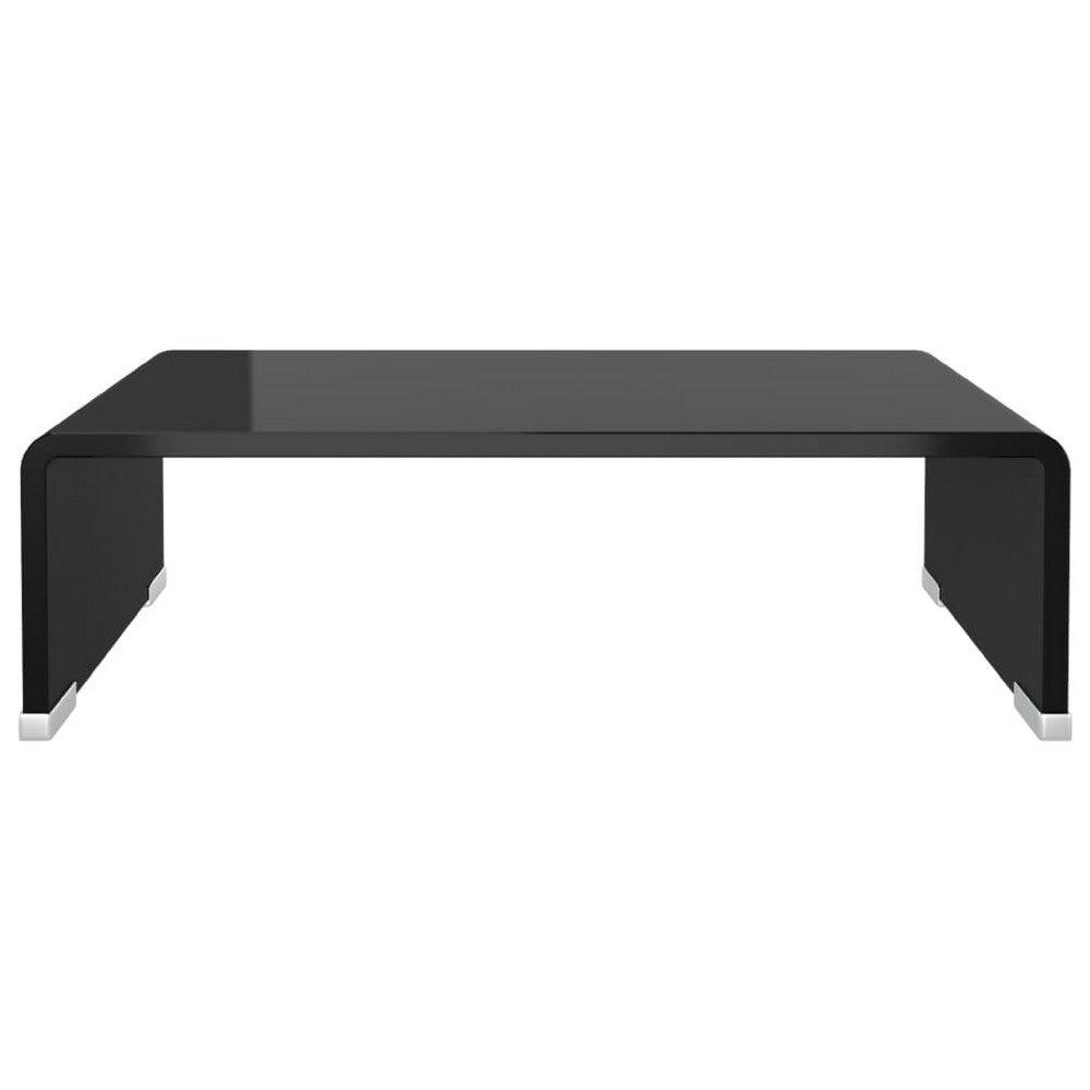 39 Inch TV Stand, Black Tempered Glass, High-Gloss Finish, C Shape - BM340554