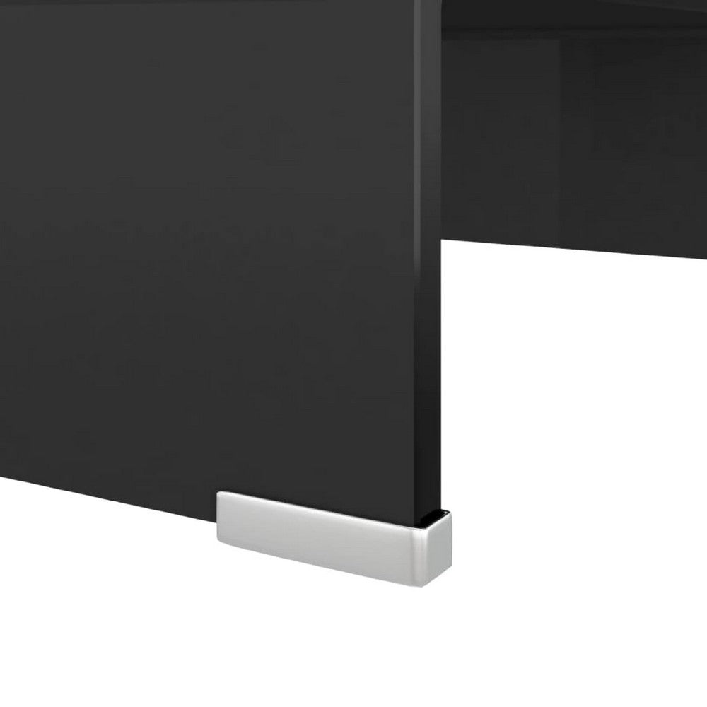 39 Inch TV Stand, Black Tempered Glass, High-Gloss Finish, C Shape - BM340554