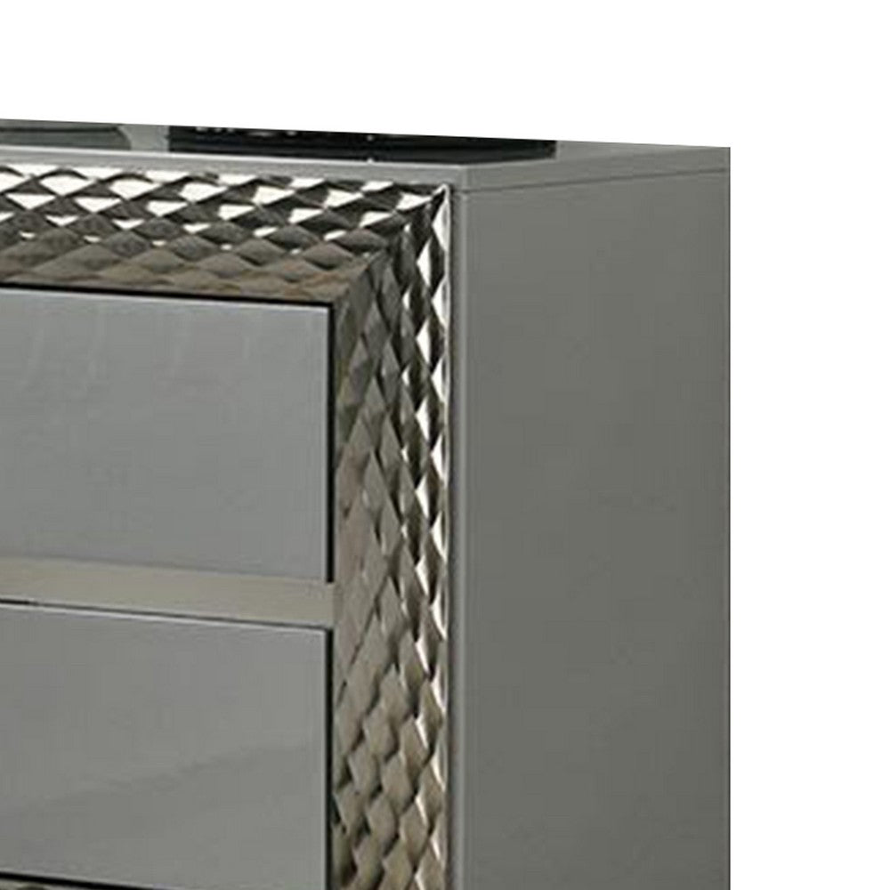 Vino 2 Drawer Nightstand, Plinth Base Gray Wood wity Silver Trim - BM340923
