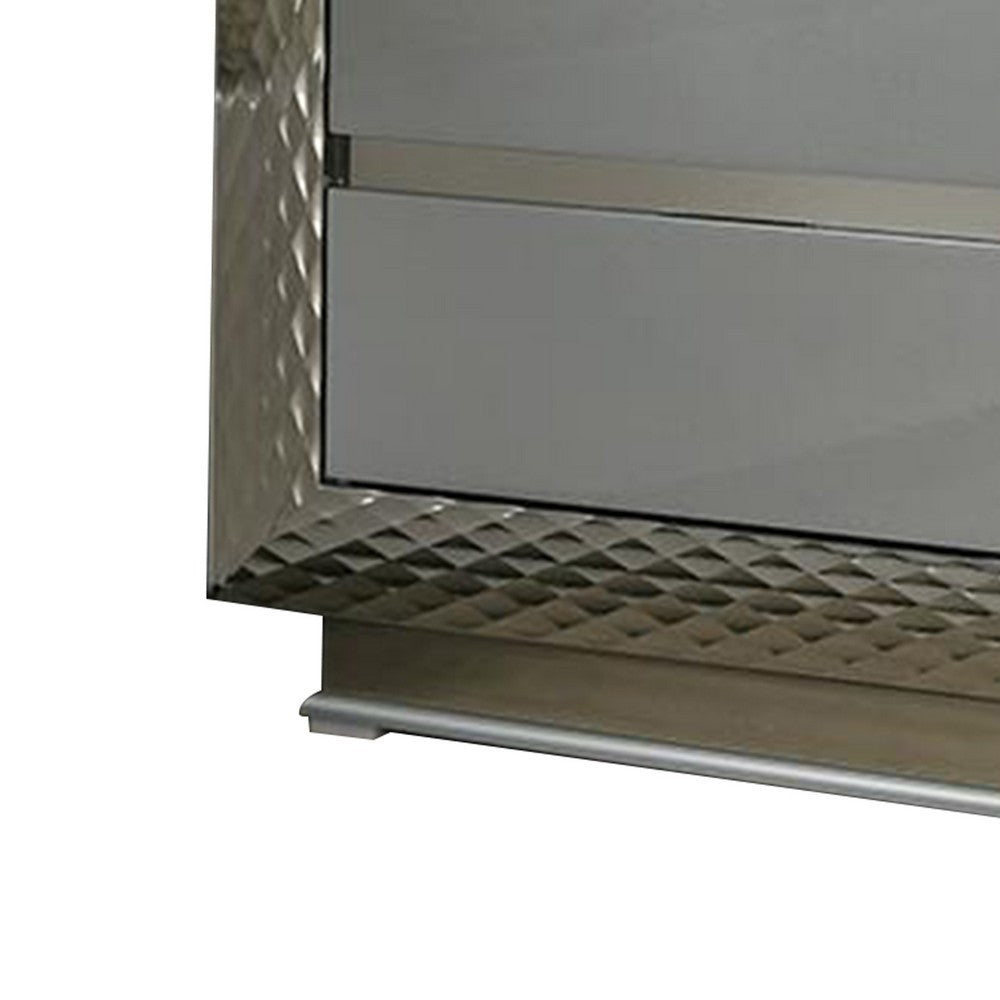 Vino 2 Drawer Nightstand, Plinth Base Gray Wood wity Silver Trim - BM340923