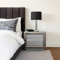 Vino 2 Drawer Nightstand, Plinth Base Gray Wood wity Silver Trim - BM340923