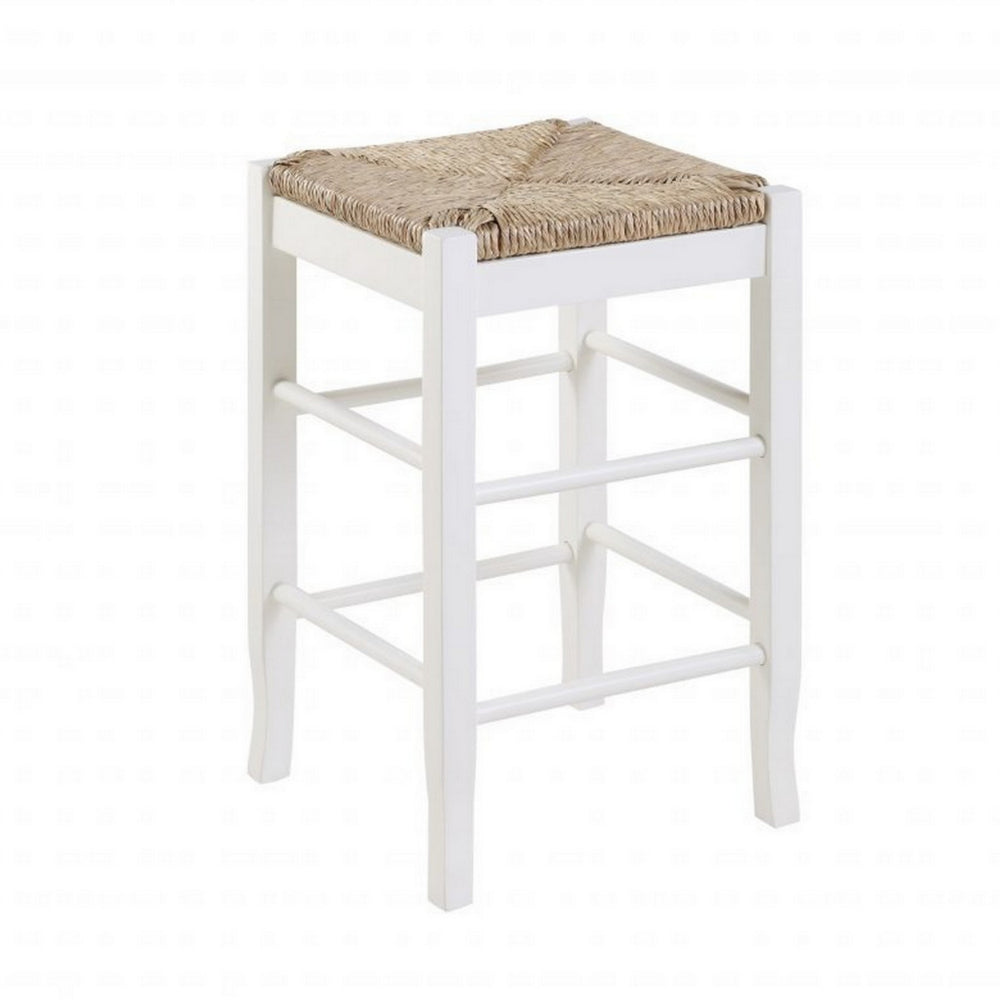 Square Wooden Frame Counter Stool with Hand Woven Rush, White and Brown - BM61433