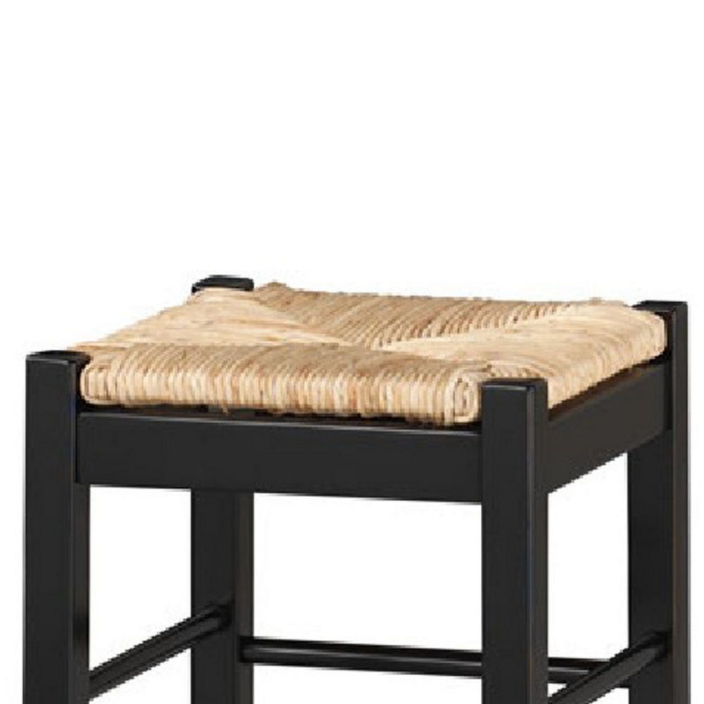 Rush Woven Wooden Frame Barstool with Saber Legs, Beige and Black - BM61438