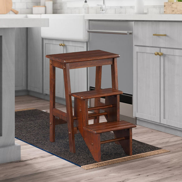 3 Step Wooden Frame Stool with Safety Latch, Brown - BM61440