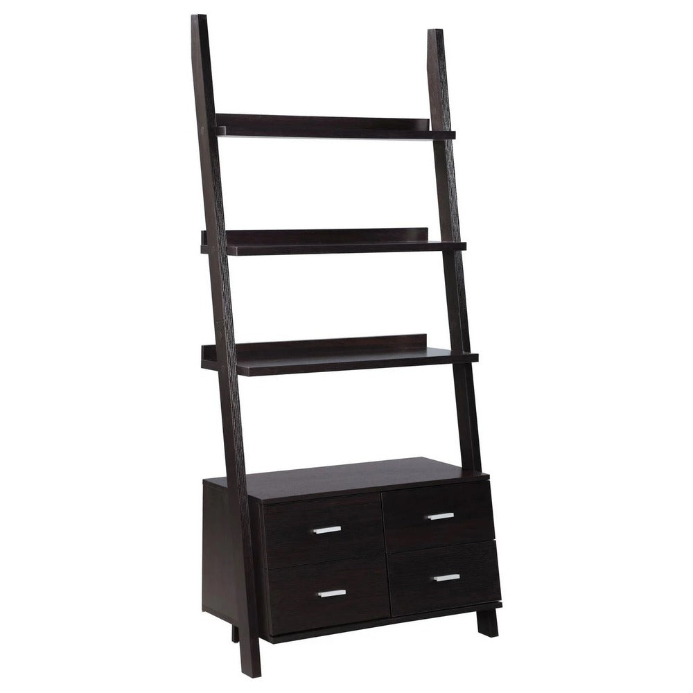 Quirky Ladder Bookcase With 4 Storage Drawers And Open Shelves, Cappuccino - BM172220