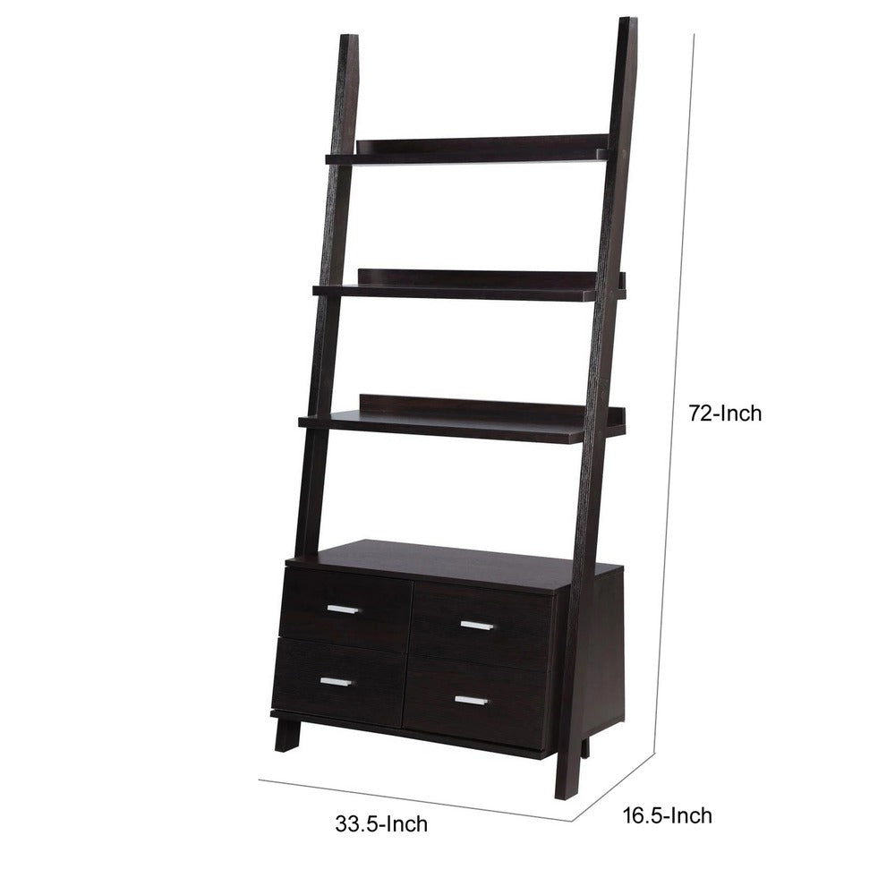 Quirky Ladder Bookcase With 4 Storage Drawers And Open Shelves, Cappuccino - BM172220