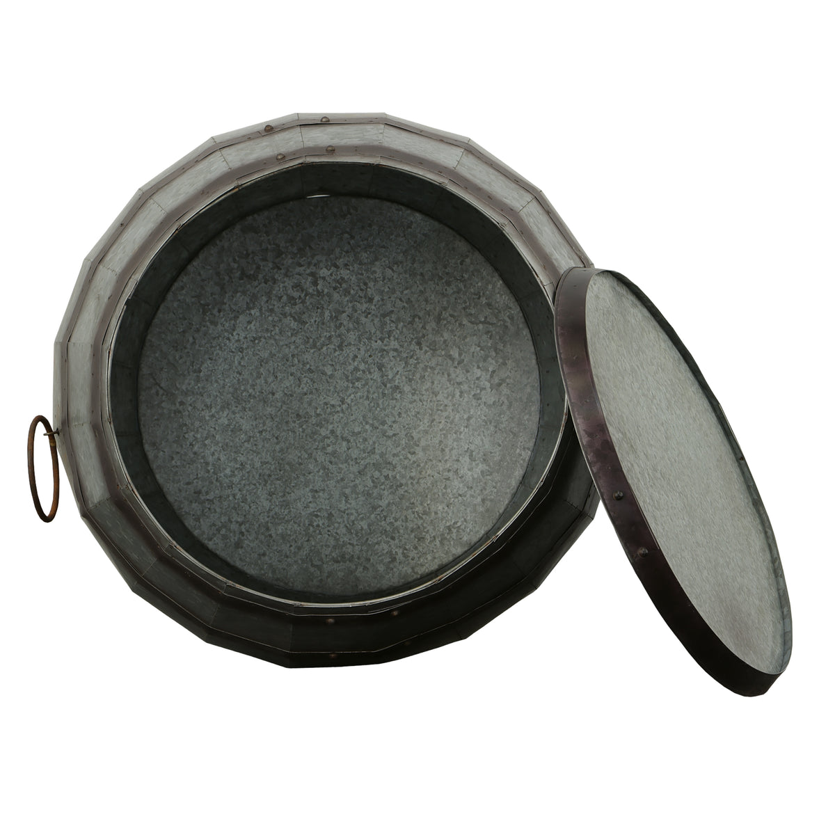 Drum Shape Metal Wine Storage Table with Removable Lid, Rustic Brown and Gray - BM82436