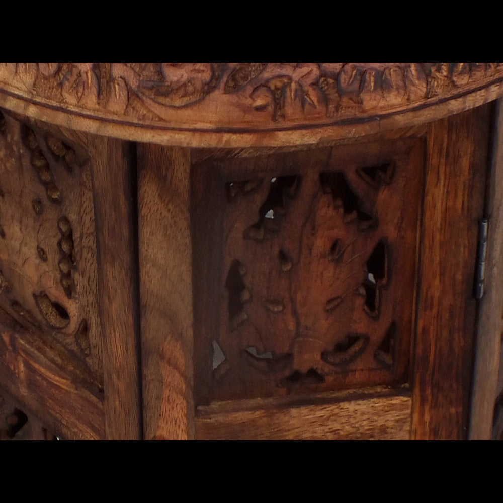 18 Inch Mango Wood Folding Accent Table, Hand Carved, Walnut Brown - UPT-148946