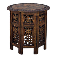 18 Inch Mango Wood Folding Accent Table, Hand Carved, Walnut Brown - UPT-148946