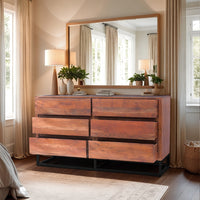 Modern Acacia Wood Dresser or Display Unit With Metal Base, Walnut Brown and Black - UPT-182996