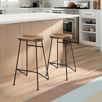 Jael 28 Inch Bar Stool with Mango Wood Saddle Seat, Iron Rod Legs, Brown and Black - UPT-183797