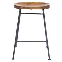 Jael 28 Inch Bar Stool with Mango Wood Saddle Seat, Iron Rod Legs, Brown and Black - UPT-183797