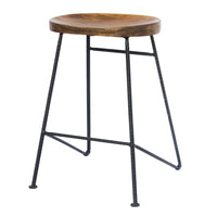 Jael 28 Inch Bar Stool with Mango Wood Saddle Seat, Iron Rod Legs, Brown and Black - UPT-183797