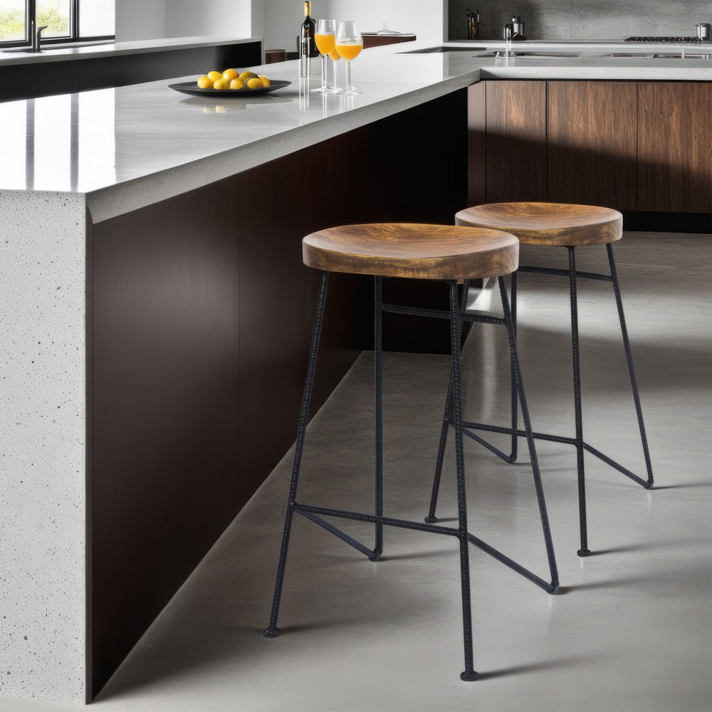 Jael 28 Inch Bar Stool with Mango Wood Saddle Seat, Iron Rod Legs, Brown and Black - UPT-183797