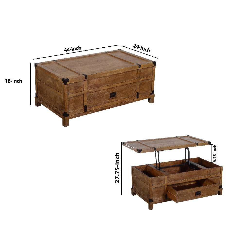 Rustic Single Drawer Mango Wood Coffee Table with Lift Top Storage & Compartments, Brown - UPT-215750
