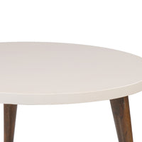 24 Inch Modern Coffee Table, Round Off White MDF Top, Tapered Brown Mango Wood Legs - UPT-225282
