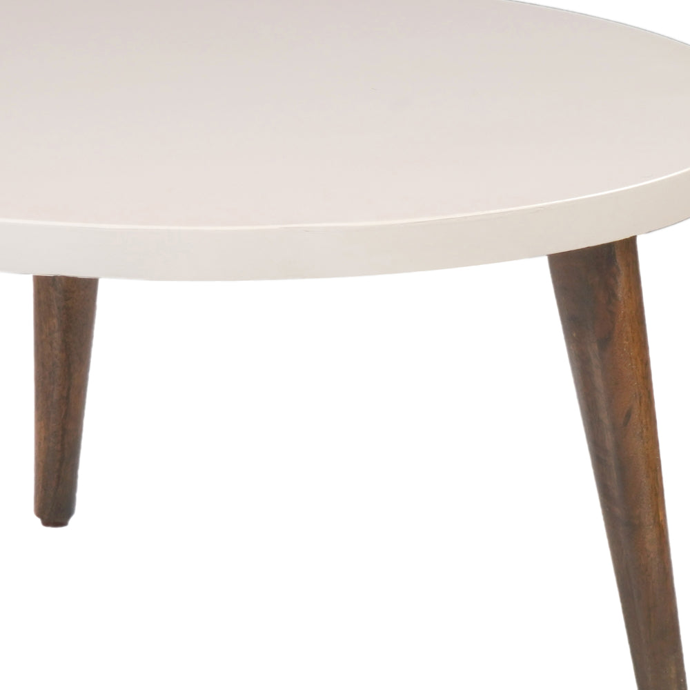 24 Inch Modern Coffee Table, Round Off White MDF Top, Tapered Brown Mango Wood Legs - UPT-225282