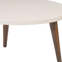 24 Inch Modern Coffee Table, Round Off White MDF Top, Tapered Brown Mango Wood Legs - UPT-225282