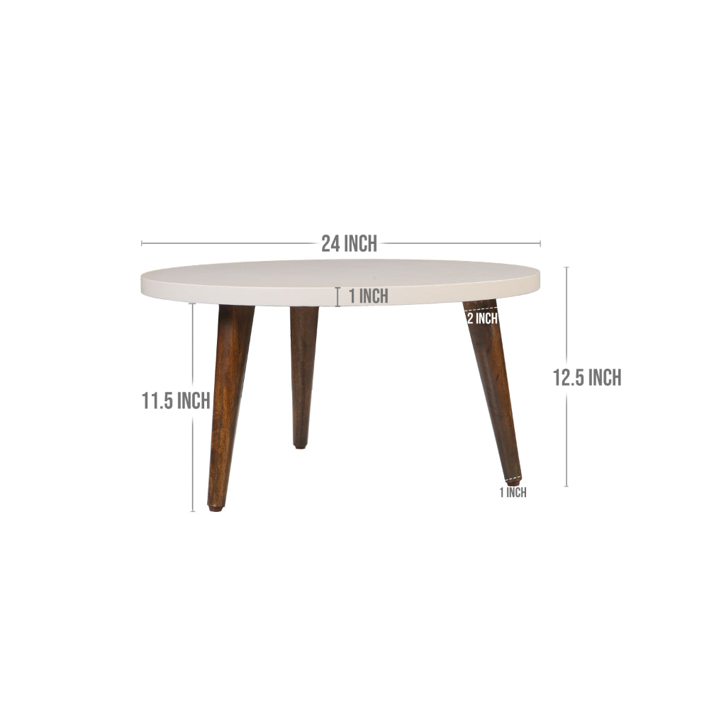 24 Inch Modern Coffee Table, Round Off White MDF Top, Tapered Brown Mango Wood Legs - UPT-225282
