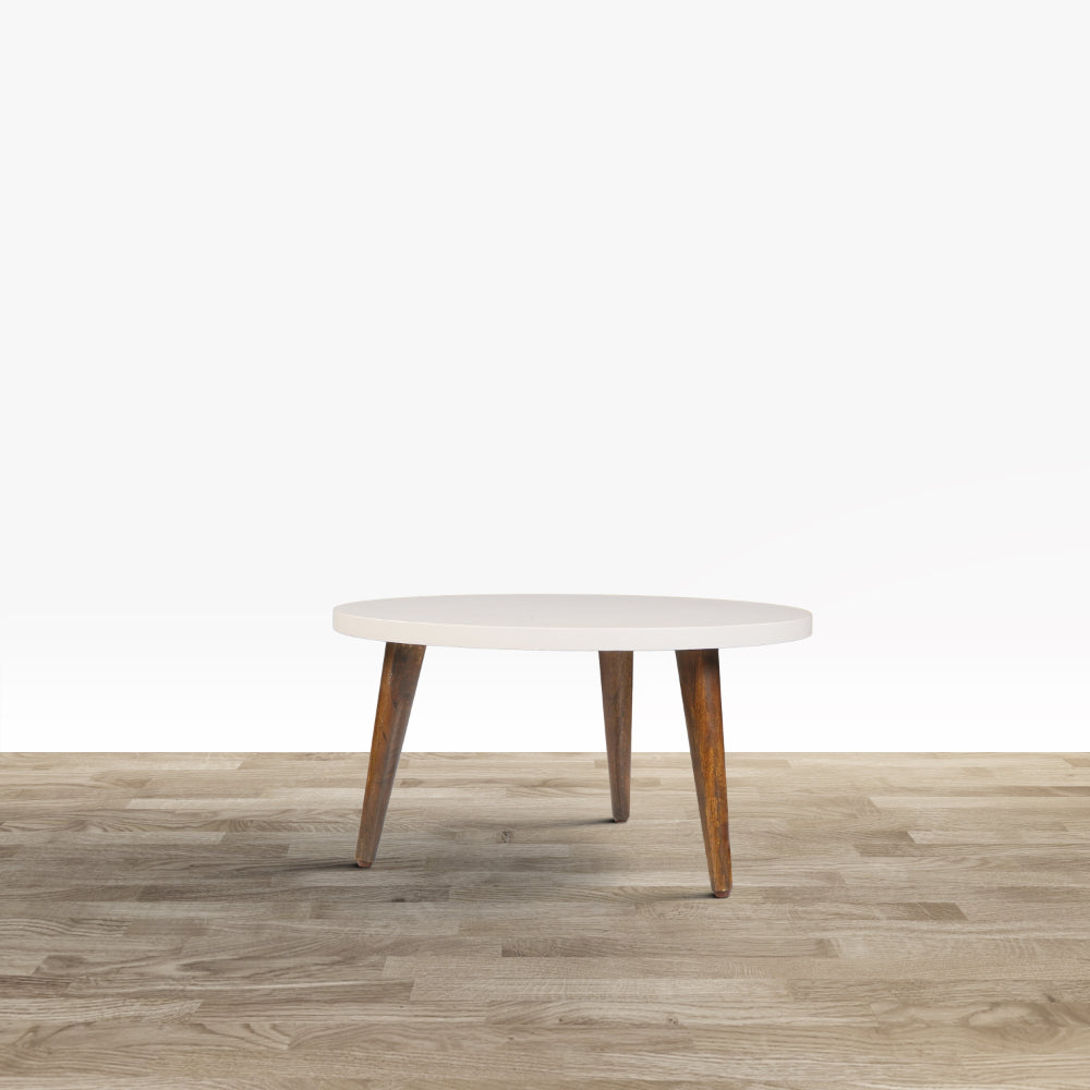 24 Inch Modern Coffee Table, Round Off White MDF Top, Tapered Brown Mango Wood Legs - UPT-225282